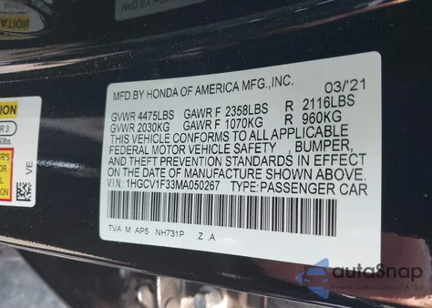 2021 Honda Accord Sport from USA, damaged, VIN 1HGCV1F33MA050267